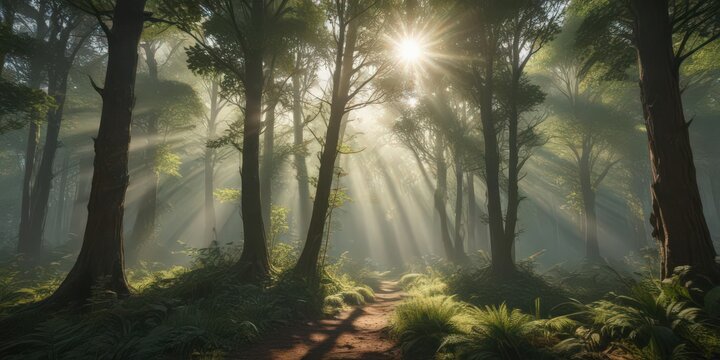 Sun rays pierce the canopy, creating a magical forest panorama ,  panorama,  light