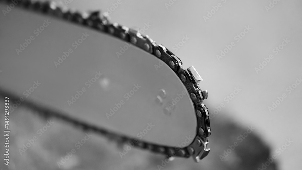Poster a close up of a chain saw chain. the chain is silver and has a black tip. the chain is on a wooden s