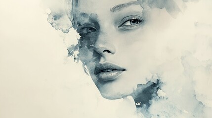 Fototapeta premium A serene watercolor portrait of a woman, her face partially obscured by soft, flowing blue hues
