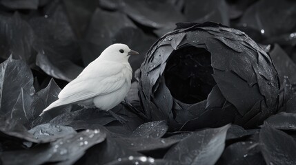 Fototapeta premium A white bird beside a dark, leaf-formed sphere amidst dark foliage