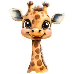 Cute baby giraffe portrait with adorable features and playful expressions. Animal character with smiling face and big eyes. Watercolor illustration isolated on transparent background.