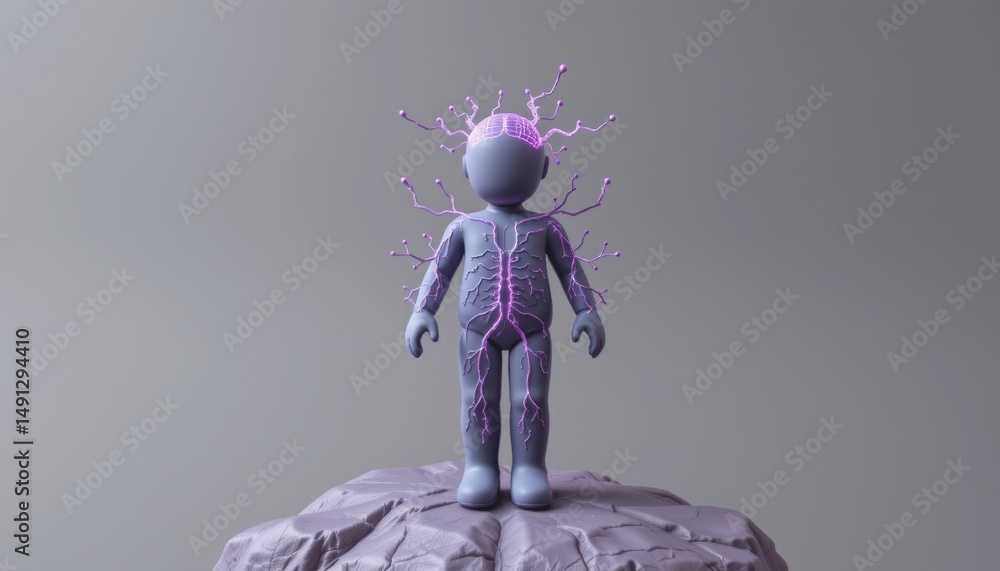 Aufkleber futuristic character with a neural network design on a rocky base.