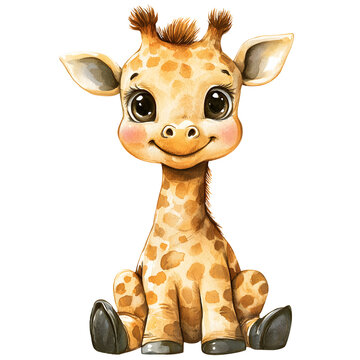 Cute baby giraffe in a sitting position with adorable features and playful expressions. Animal character with smiling face and big eyes. Watercolor illustration isolated on transparent background.