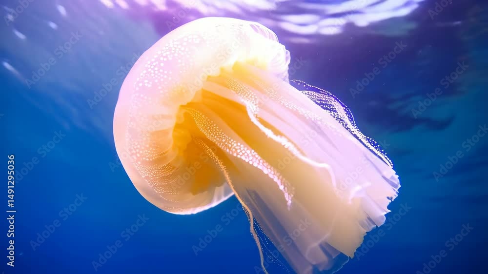 Poster graceful jellyfish floating in deep blue ocean water, light filtering through, showing delicate bell