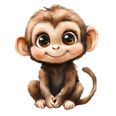 Obraz premium Cute baby monkey in a sitting position with adorable features and playful expressions. Animal character with smiling face and big eyes. Watercolor illustration isolated on transparent background.