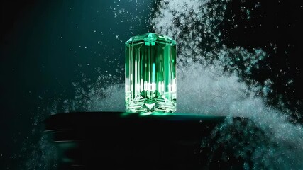 Emerald gemstone on dark surface with sparkly dust. Green jewel with shiny facets. Treasure concept. - Powered by Adobe