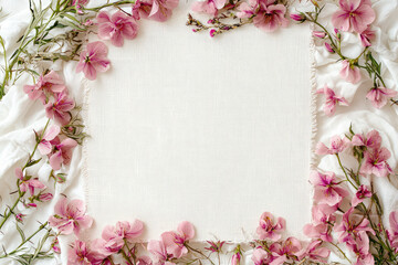 Pink flowers framing a white linen background, creating a soft and elegant border for adding a touch of nature to your designs. Perfect for wedding invitations