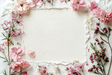 Pink blossoms framing a white canvas, perfect for invitations and announcements isolated on white background