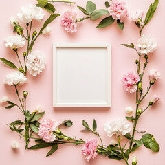 Obraz premium Pink carnations and white flowers frame a white square on a pink background, perfect for mother's day or spring designs and celebrations isolated on white background