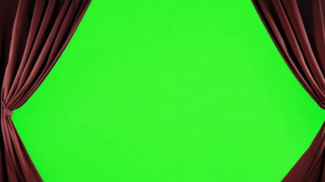 Red Velvet Curtains Open Smoothly Revealing Bright Green Chroma Key Background For Theater VFX Scene