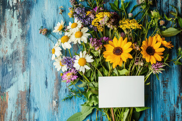 Cheerful sunflowers and daisies bouquet on a rustic blue wooden background with a blank white card for text, perfect for a spring or summer greeting card design