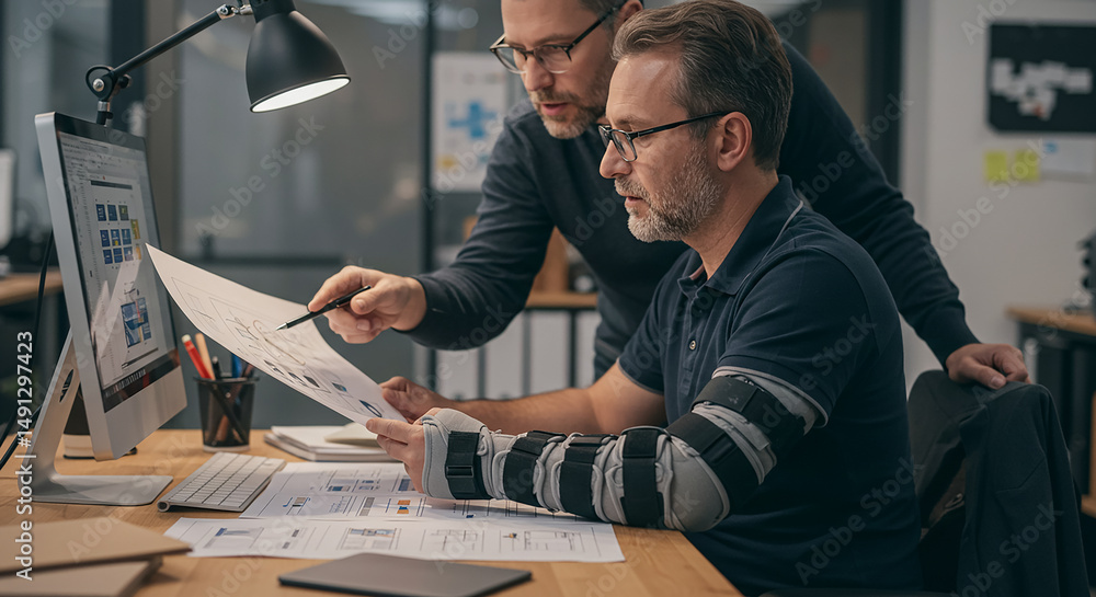 Poster web designers working together on a project in office, one with arm brace