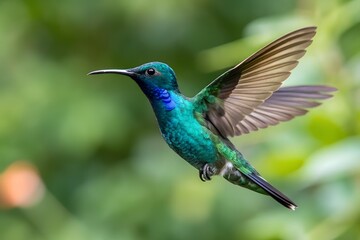 Fototapeta premium Vibrant green hummingbird in flight tropical bird wildlife nature