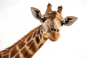 Naklejka premium Curious giraffe close up portrait against white background