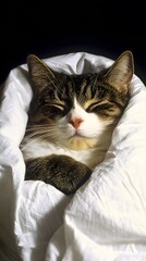 Cute Tabby Cat Sleeping Peacefully Under White Blanket