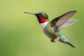 Fototapeta premium Ruby throated hummingbird in flight green background
