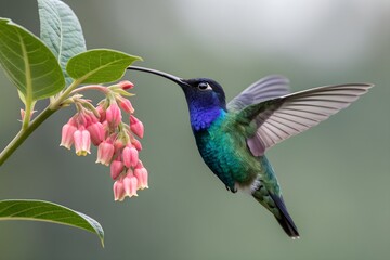 Fototapeta premium Vibrant hummingbird feeding on pink flowers in flight