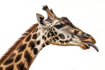 Giraffe profile portrait showing tongue against white background