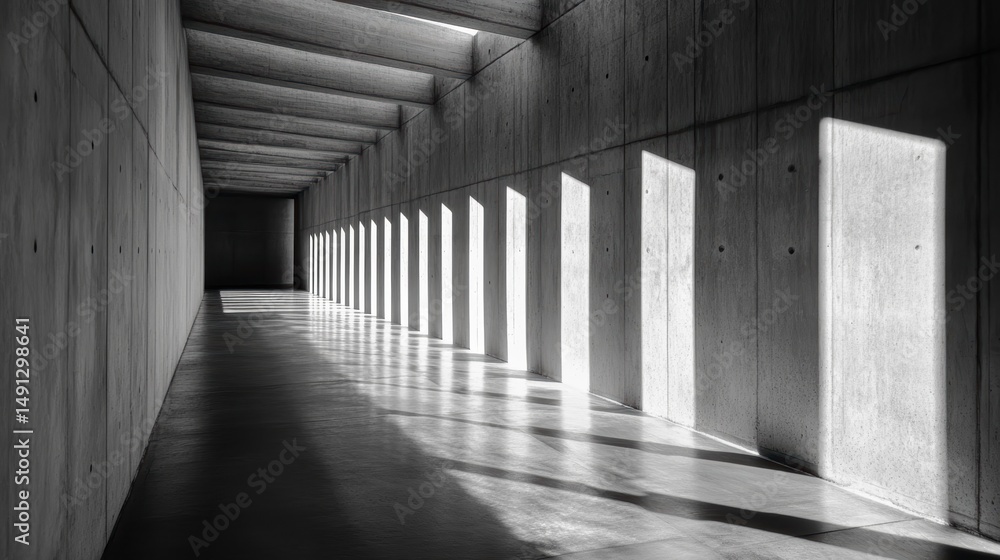 Aufkleber sunlight streams through vertical slits in a long, concrete corridor, creating dramatic light and sh