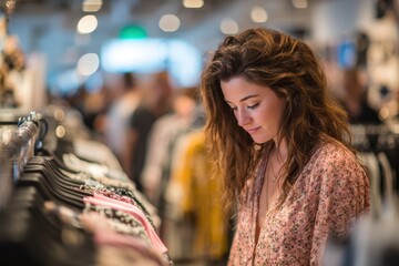 Woman browsing items at trendy urban boutique, city shopping, white background