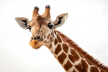 Fototapeta premium Curious giraffe close up portrait against white background