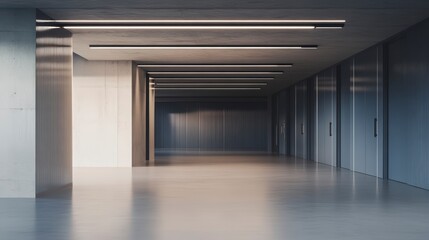 Obraz premium Modern minimalist hallway with concrete walls, metal accents, and sleek lighting.
