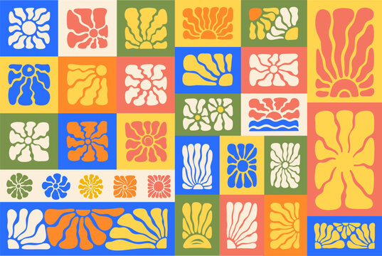 Colorful abstract set featuring groovy sunbursts, floral doodle shapes in retro naive hippie style