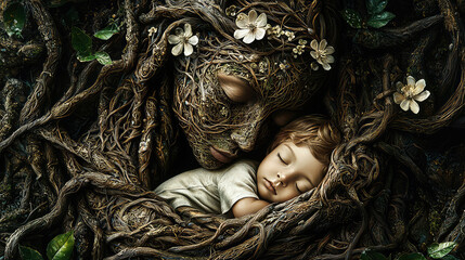 Child sleeping peacefully in the embrace of a tree spirit, a symbol of nature's love and protection, cradled by roots and flowers