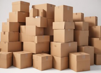 Fototapeta premium Several brown cardboard boxes, various sizes, against a bright white backdrop , various sizes, stack