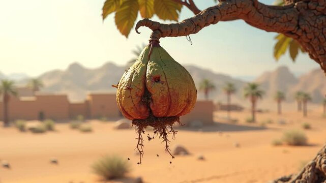 A bad fruit hanging from a tree in the desert