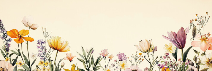 Fototapeta premium Watercolor illustration of various flowers in shades of yellow, orange, pink, and purple against a solid cream background, perfect for adding a touch of elegance and charm to any project