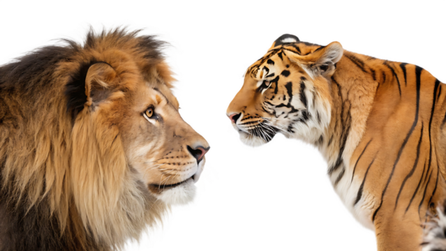 Majestic lion and tiger face-off isolated on white background png ai generated isolated on a white background