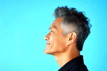 Fashionable men's spiky hair haircut - midlife southeast asian man with curly hair. A midlife gentleman with grace and sophistication. Blue solid background. Creative of style for aging men.