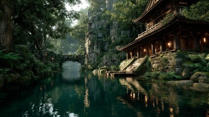 Serene Ancient Architecture by a Tranquil River Surrounded by Lush Greenery and Rock Formation