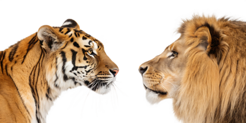 Majestic tiger and lion faceoff isolated on white background png ai generated isolated on a white background