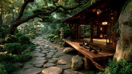 Obraz premium Serene Garden Scene with Traditional Architecture and Stone Pathway for Meditation and Relaxati