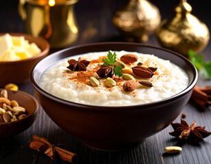Qatari madrouba (creamy rice porridge) served hot with toppings of butter and spices