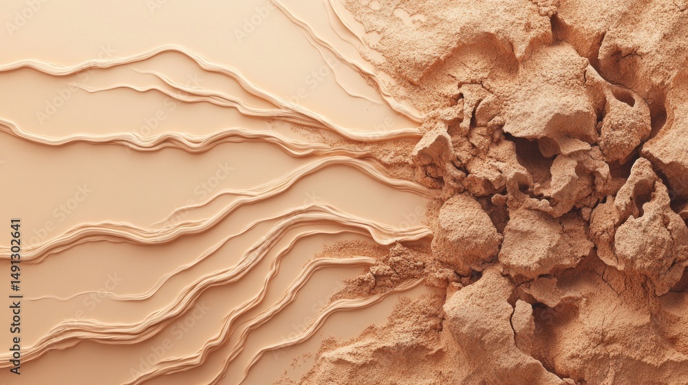 Poster artistic arrangement of sand and clay forms intricate patterns against a beige backdrop, showcasing 