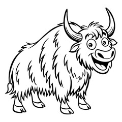A robust yak, with its shaggy coat and imposing horns, stands proudly, its animated expression adding a touch of joy and character, illustrated with clear, bold lines. coloring page