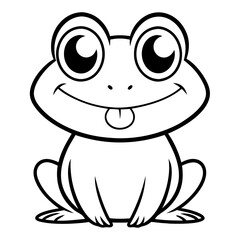 Fototapeta premium A charming frog is rendered in a bold, clean, black and white outline, sticking its tongue out, and smiling with wide eyes, embodying innocence and playful character. coloring page