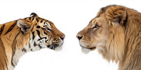 Majestic tiger and lion face-off isolated on white background png ai generated isolated on a white background