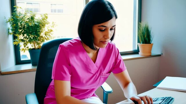 Asian medical receptionist in pink scrub top working at desk with computer, sitting near window and potted plant on a bright clinic day. Concept of healthcare admin and professional workplace