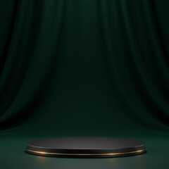 Green circular product display podium with dark green fabric drape background. Minimalist, rich color.