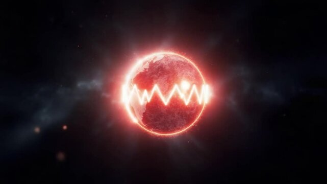 Glowing dynamic waveform energy sphere from particles flowing on black abstract background. Digital futuristic plasma orb in space. Sci fi fantasy magic circle screensaver. 4k 60fps looped graphic.