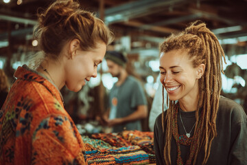 Obraz premium Two young women, unique hairstyles, closely interacting, possibly at market, showcasing colorful textiles. They exude joy, connection, representing friendship, community, vibrant cultural exchange