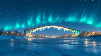 Fototapeta premium Frozen bridge under a vibrant aurora borealis display.