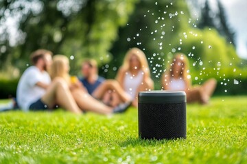 A wireless waterproof speaker provides music for friends to enjoy while having fun together in the park