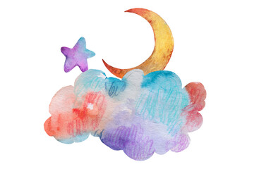 Watercolor Baby Shower cloud and moon illustration