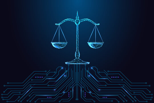 AI ethics, Digital law, justice technology concept with glowing balance scale, vector illustration