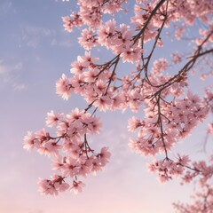 Obraz premium Soft pink sakura petals descend against a blurred pastel sky , delicate, close-up, cherry
